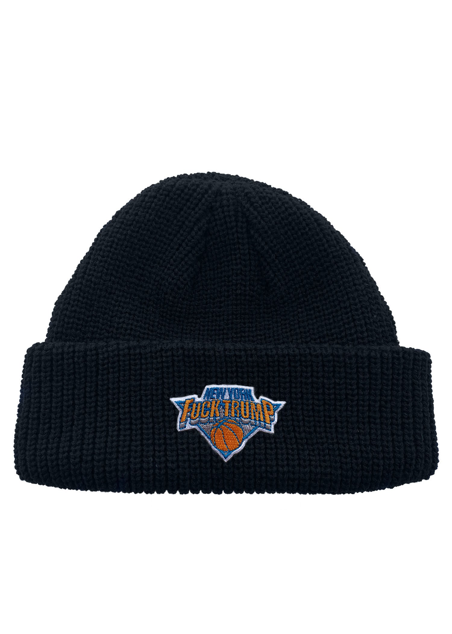 Fuck Trump NY Hoops Patch Rollup Fisherman Knit Beanie